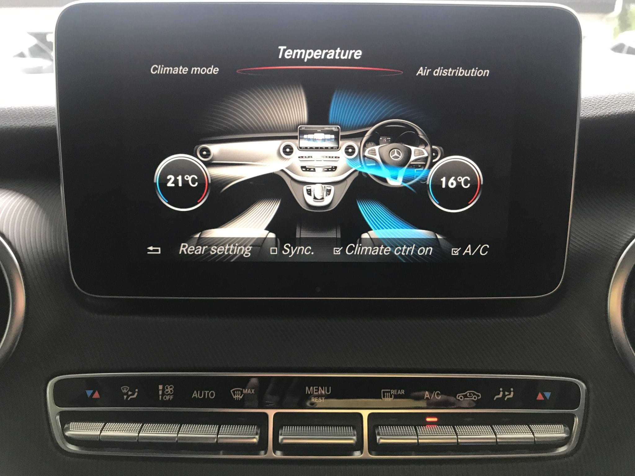 Mercedes V250 infotainment displaying climate controls