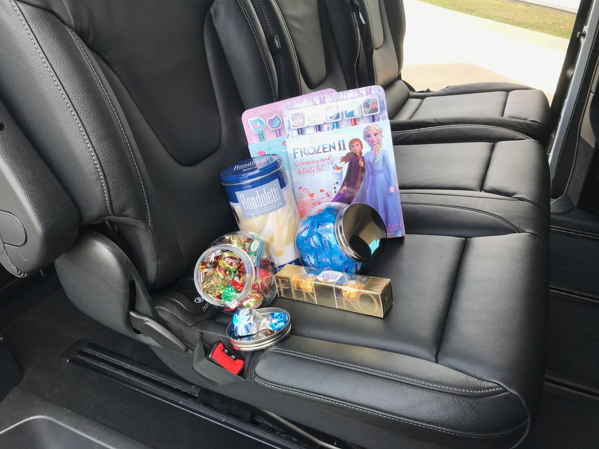 Gifts sitting on rear seats of V250