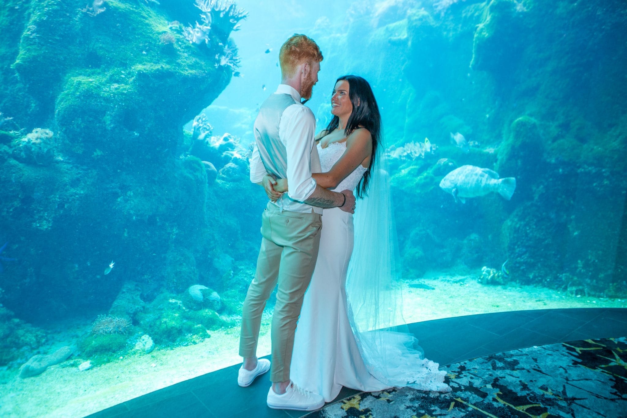 Bride and groom in front of a large aquarium tank